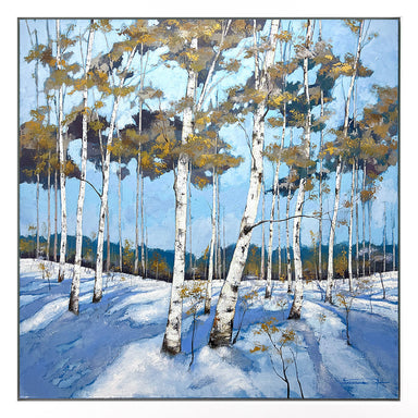 Painting of birch trees in a snowy landscape with a blue sky.