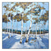 Painting of birch trees in a snowy landscape with a blue sky.