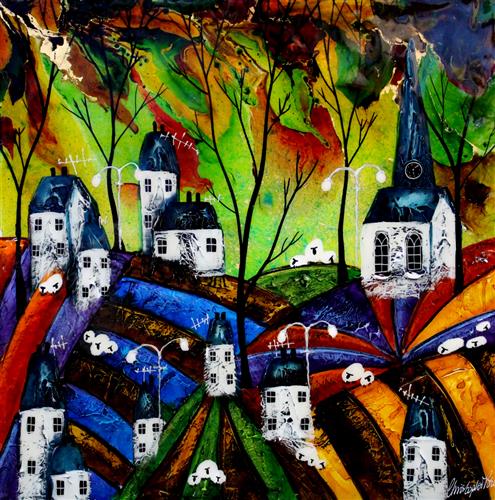 Christopher Bell - 'Blue Roofs And Sheep'- Unique Glass Resin - Framed Original Artwork