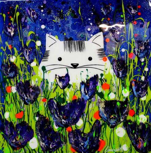 Christopher Bell - 'Blue Tulips And Cat'- Unique Glass Resin - Framed Original Artwork