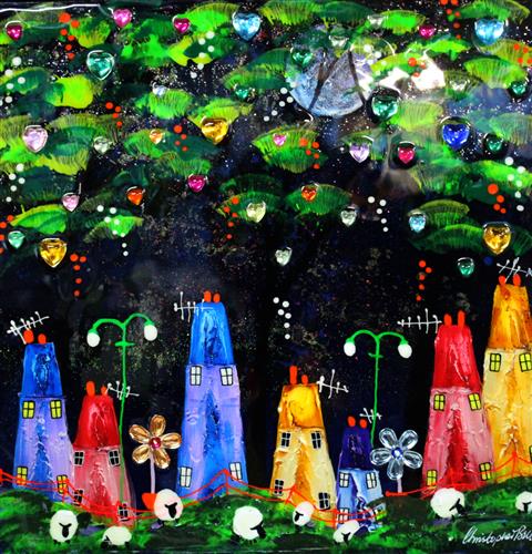Christopher Bell - 'Sheep And Night Time Houses'- Unique Glass Resin - Framed Original Artwork