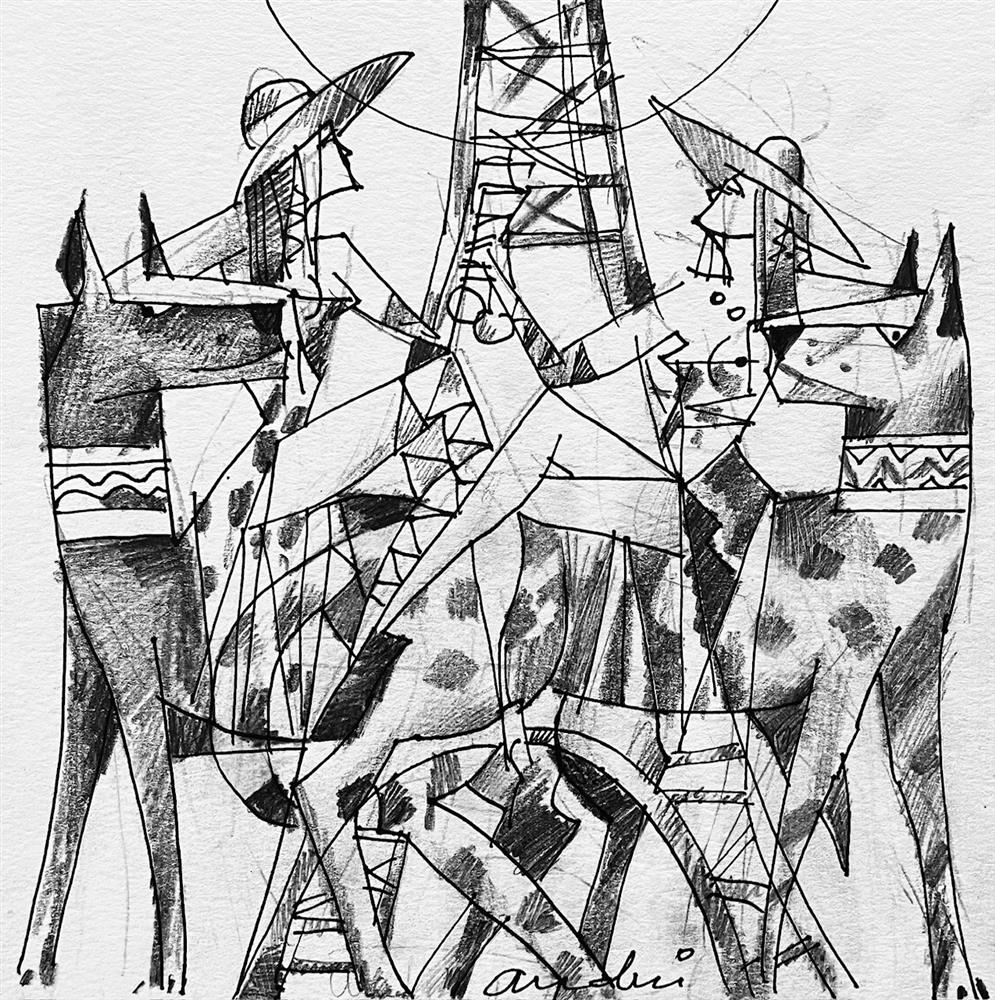 Andrei Protsouk - 'Dog Lovers - Study' - Framed Original Art