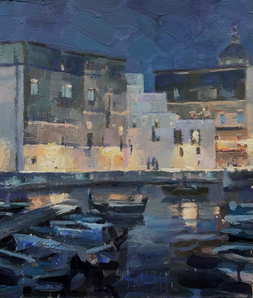 Rachele Dryden-Smith - 'Monopoli Harbour Night' - Framed Original Artwork