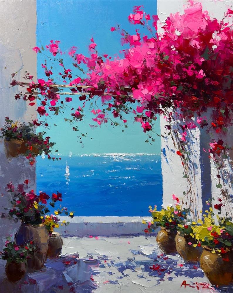 Aziz - 'Pink Cascades Over Blue' - Framed Original Artwork