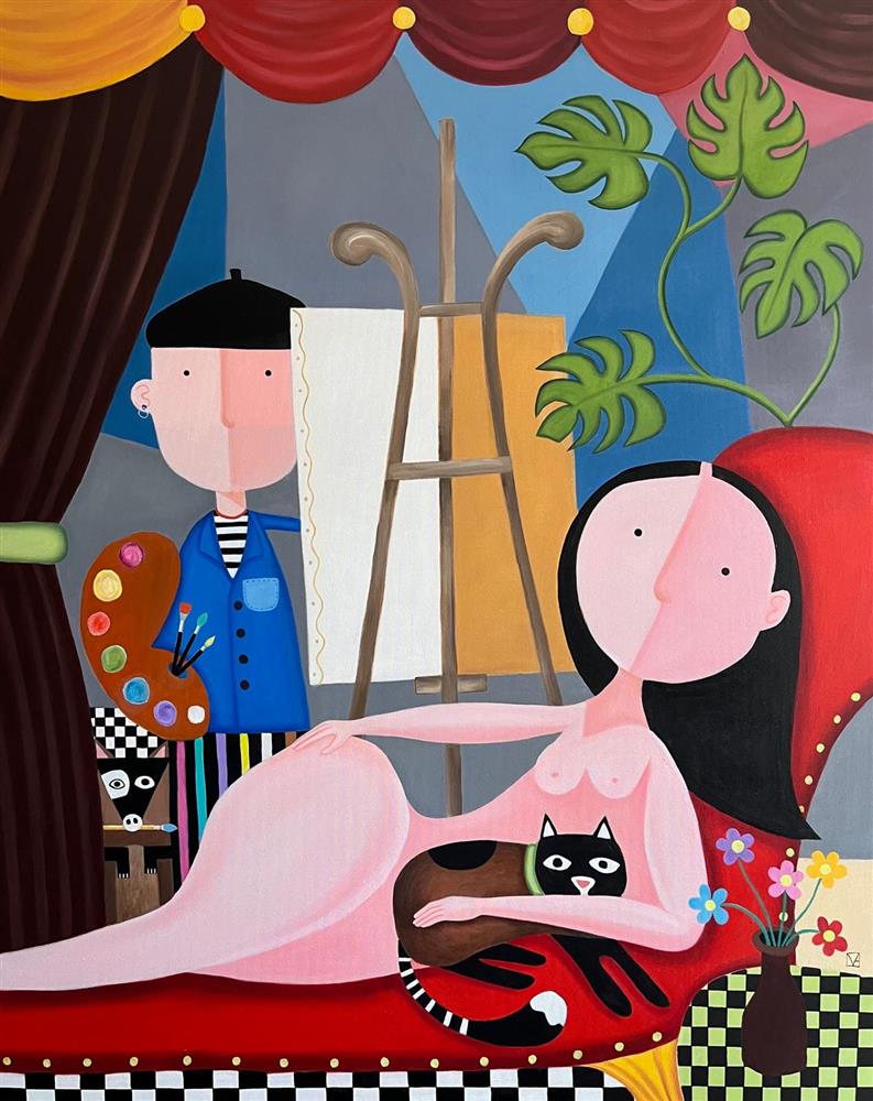 Michael Abrams - 'The Model And Her Cat' - Framed Original Artwork