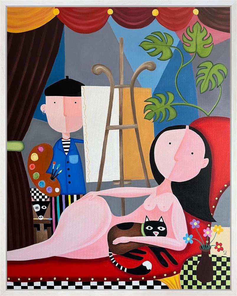 Michael Abrams - 'The Model And Her Cat' - Framed Original Artwork