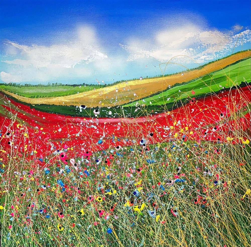 Lisa Pang- 'Red Flower Fields' - Framed Original Artwork