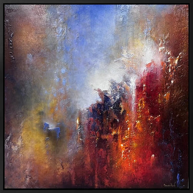 A framed original artwork titled 'The Fire Within' by Brenda Herd, featuring abstract mixed media on board with a predominance of red and blue tones.