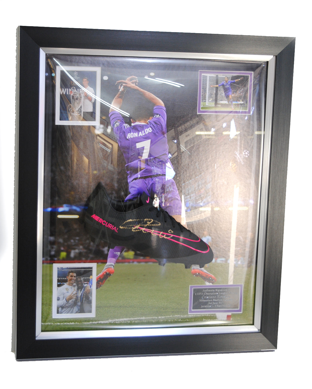 Signed Cristiano Ronaldo football boot and photos in acrylic dome (collection only)