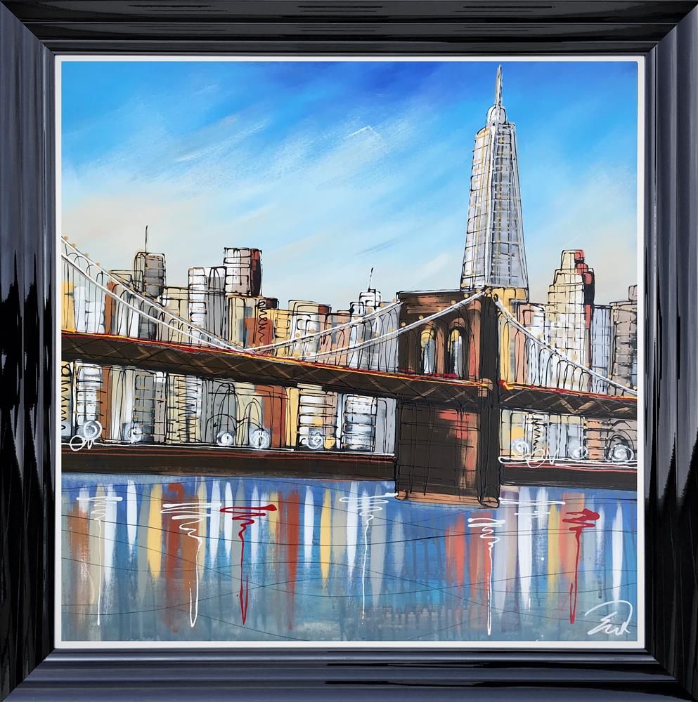 Edward Waite - 'Blue Skies over Brooklyn Bridge' - Framed Original Art